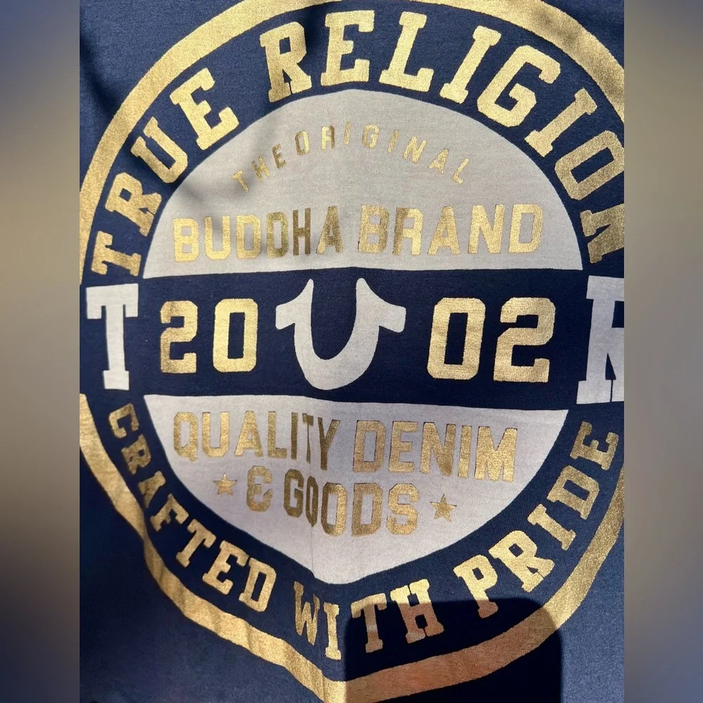 NWOT Mens True Religion T-shirt Double Puff Crew navy gold Buddha Brand 2002 y2k